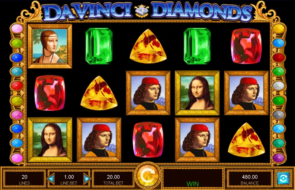 Colorful reels from the Da Vinci Diamonds slot featuring Renaissance portraits and sparkling gemstone symbols.