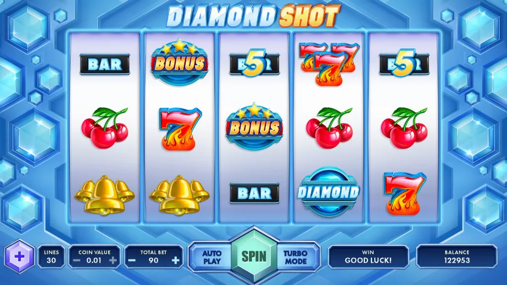 Diamond Shot slot game with five reels showing symbols like cherries, bells, BARs, and bonus icons on a blue diamond-themed background.