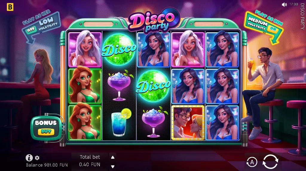 Reels from the Disco Party slot filled with glowing disco balls, cocktail symbols, and animated characters in a nightclub scene.