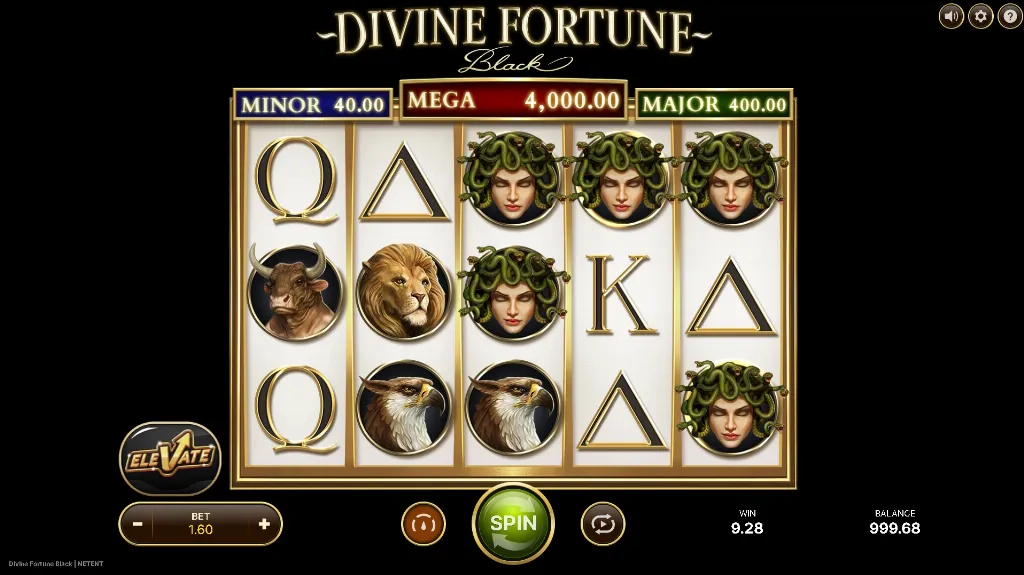 The Divine Fortune Black slot showcases mythological creatures like Medusa, lions, and eagles on elegant gold-trimmed reels with jackpot tiers displayed above.