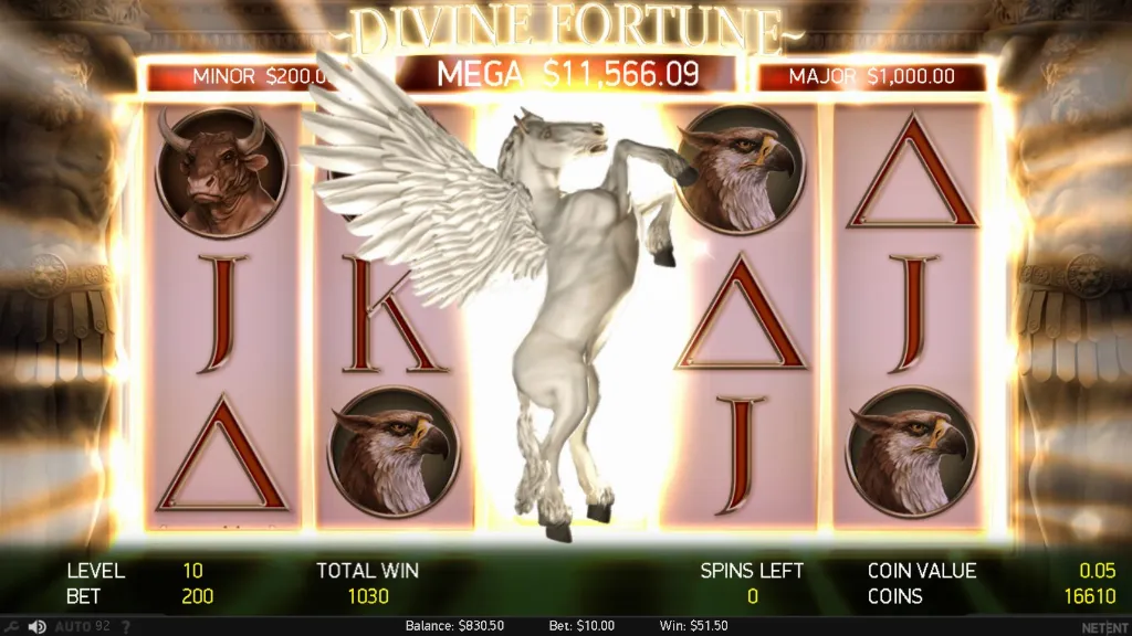 The Divine Fortune slot highlights the Pegasus wild activation animation as reels display mythological creatures and jackpot tiers.