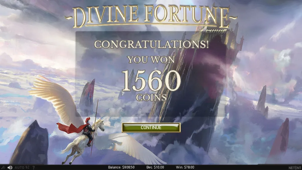 The Divine Fortune slot victory screen celebrates a win of 1,560 coins with Pegasus flying toward a castle in the clouds.