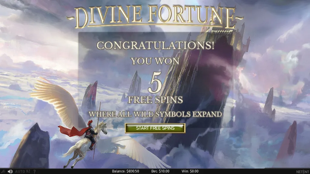 The Divine Fortune slot shows a winged Pegasus soaring through clouds as the player wins free spins with expanding wild symbols.