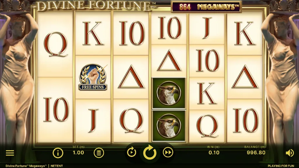 The Divine Fortune Megaways slot highlights ancient Greek-inspired reels framed by marble statues with mythical symbols and a free spins feature icon.