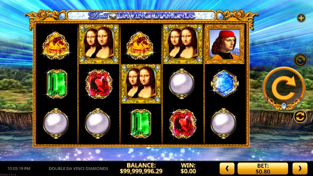 Double Da Vinci Diamonds slot showcases gemstone reels and twin Mona Lisa symbols with ornate Renaissance artwork and luxury diamond theme.