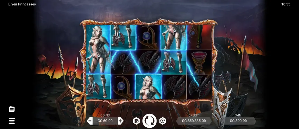 Elven Princesses slot features fantasy warrior elf characters and magical artifacts on dramatic battle-themed reels with glowing rune backgrounds.
