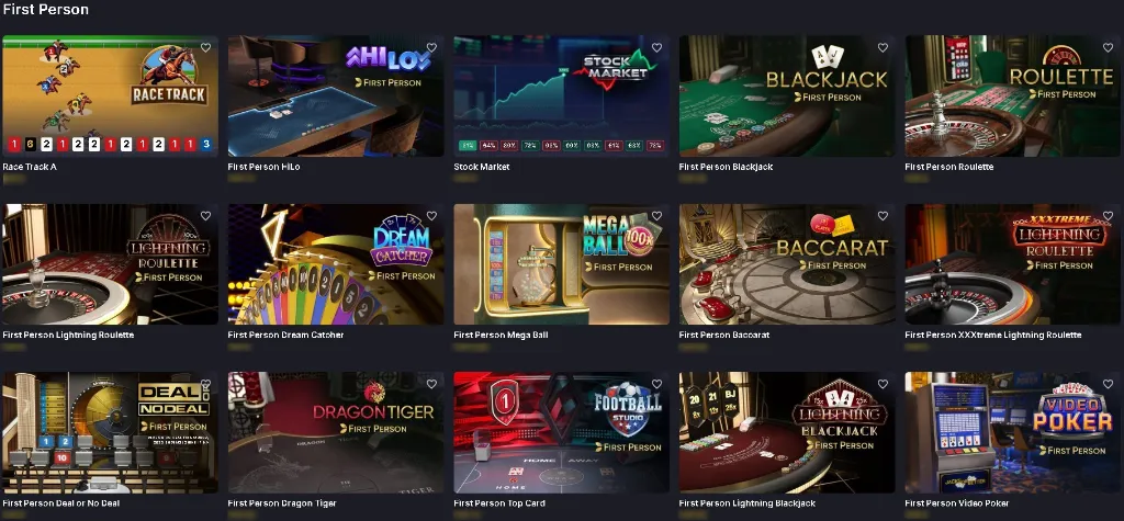 First Person Evolution Games selection includes blackjack, roulette, baccarat, lightning variants, Dream Catcher, Mega Ball, Dragon Tiger, Deal or No Deal, Top Card, Football Studio, and video poker.