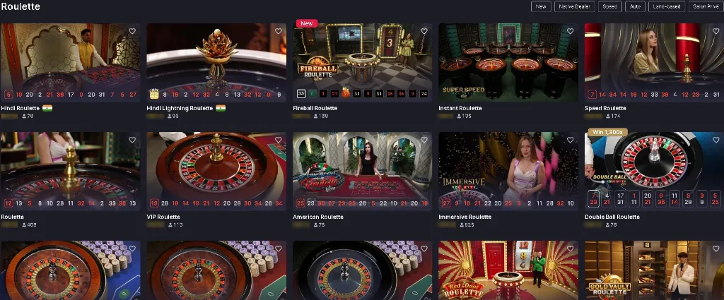 A grid of live tables showcases Evolution Gaming live roulette games including variants like Speed Roulette, Double Ball Roulette, and Immersive Roulette streamed from real studios.