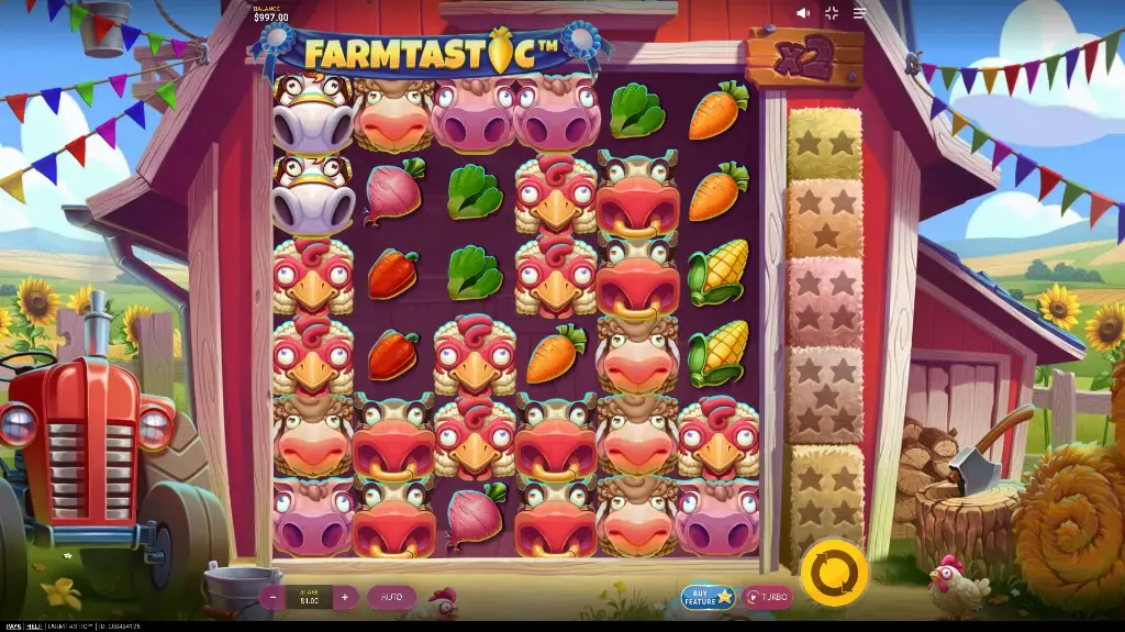 Farmtastic slot gameplay featuring animated farm animals, vegetables, and a colorful barnyard backdrop with a cheerful countryside theme.