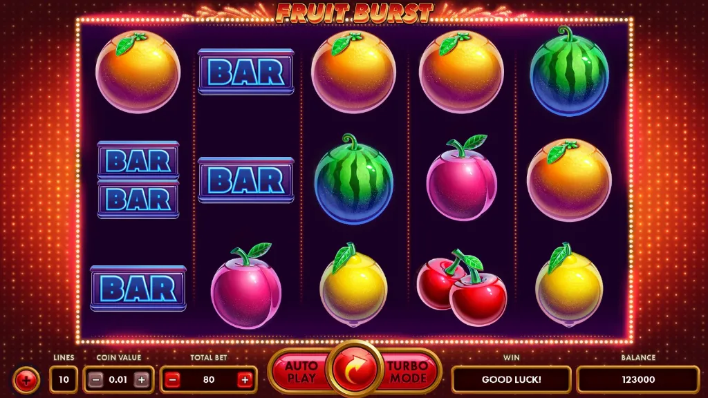 Fruit Burst online slot game screen with colorful fruit symbols like oranges, watermelons, grapes, and BAR icons on a 5x3 reel grid.