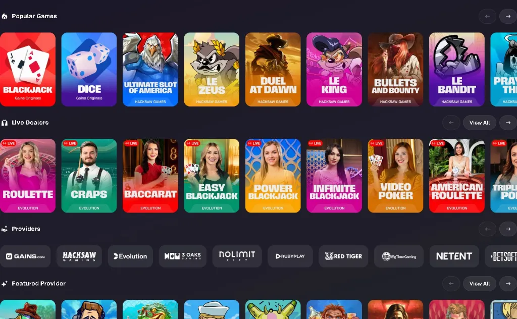 Games carousel showing popular Gains Casino titles like Blackjack, Dice, Duel at Dawn and live dealer roulette from Evolution alongside provider logos.