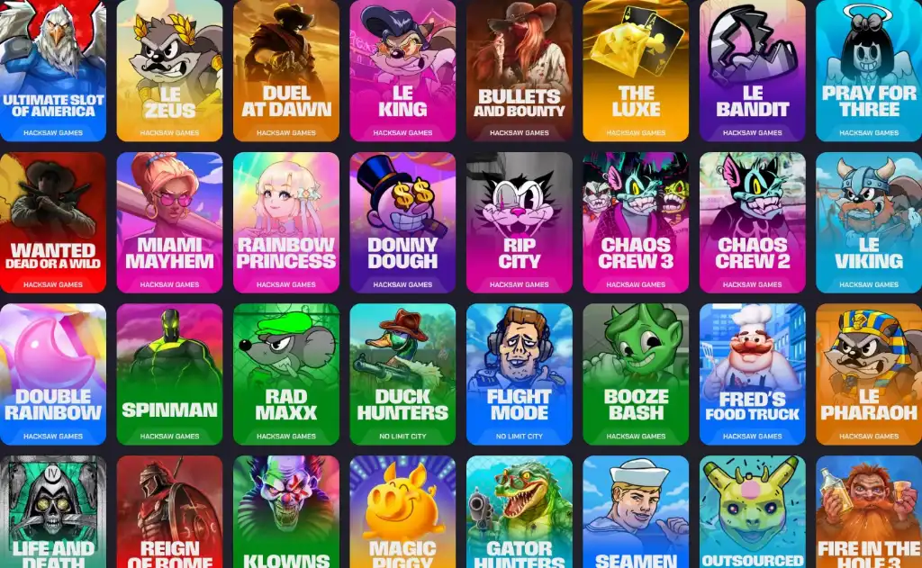 Colorful grid of Gains Casino slot games featuring titles like Wanted Dead or a Wild, Chaos Crew, Rip City, Rainbow Princess and more from providers like Hacksaw Gaming and Nolimit City.