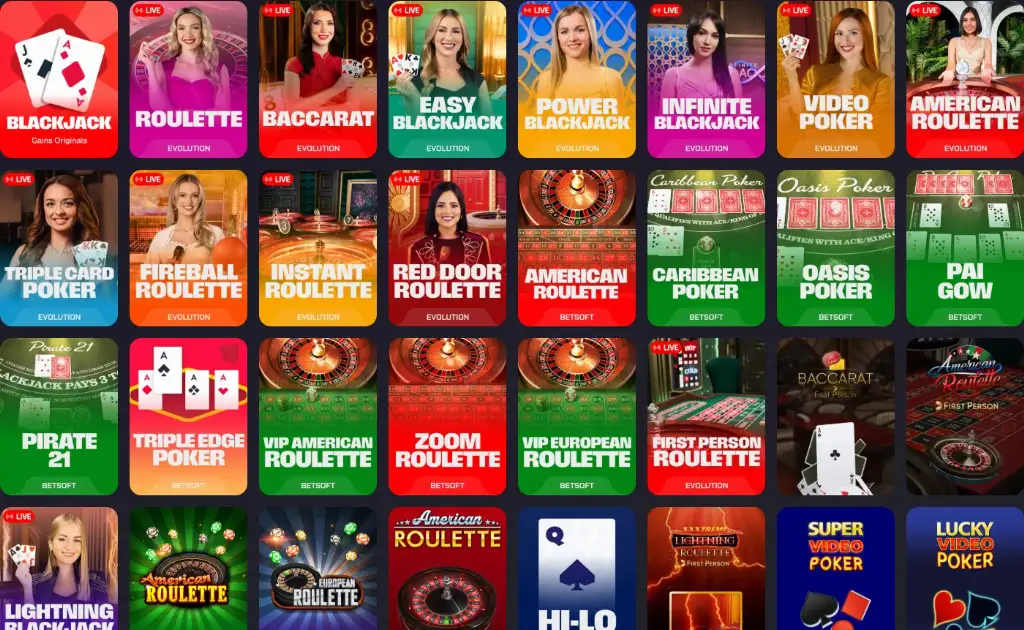 Grid of Gains Casino table games displaying live blackjack, roulette, baccarat, video poker and poker variants from Evolution and Betsoft.