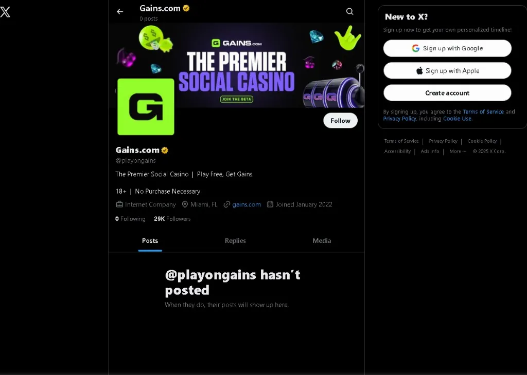 Screenshot of the official Gains.com X profile promoting the premier social casino with a banner that reads âPlay Free, Get Gains.â