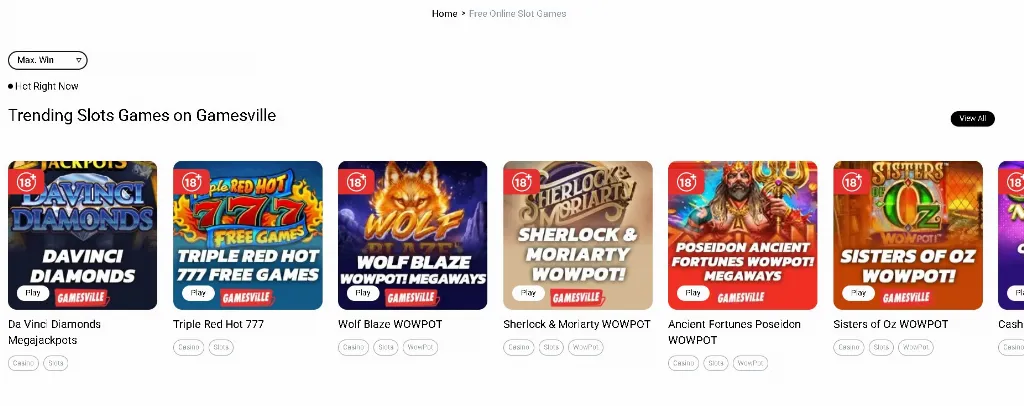 Trending Slots Games on Gamesville showcases popular titles like Da Vinci Diamonds, Wolf Blaze WOWPOT, and Sisters of Oz WOWPOT, sorted by maximum win potential.