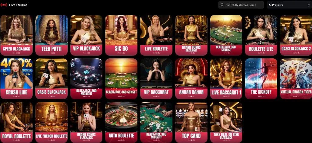 Gold Machine live dealer games section displays Speed Blackjack, Teen Patti, Sic Bo, Live Roulette, Baccarat, Andar Bahar, and more hosted by real dealers.