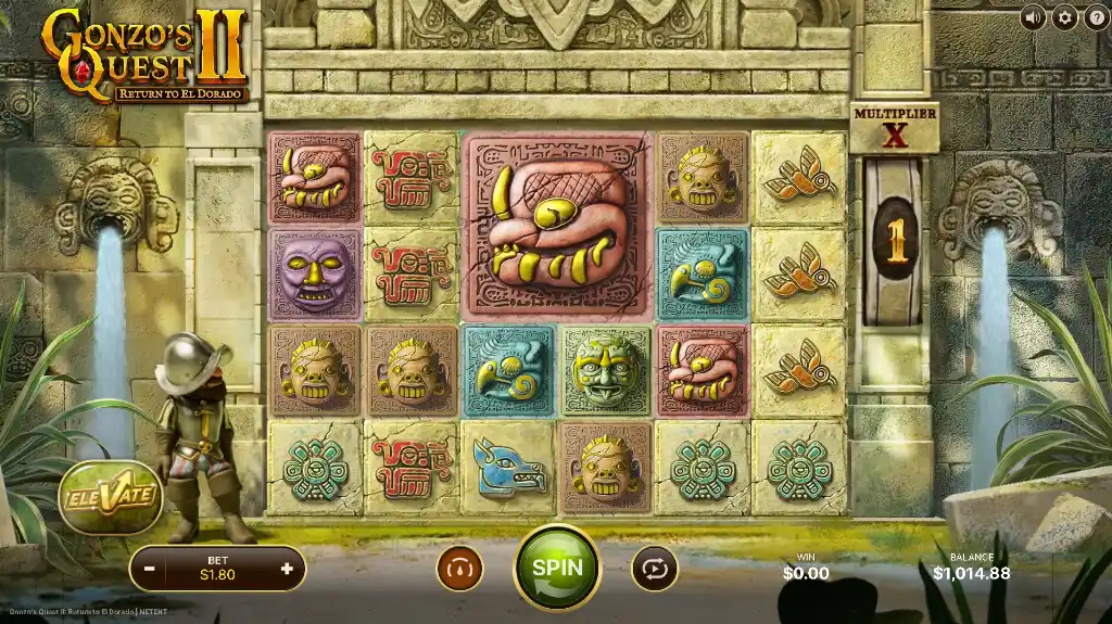 Gameplay screen from Gonzo’s Quest II Return to El Dorado featuring cascading stone symbols and ancient temple visuals.