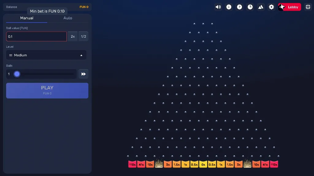 Gravity Plinko game board with adjustable bet levels and multiplier slots displayed in a triangular layout.