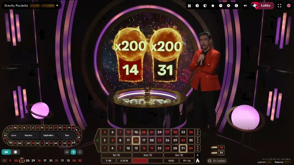 Live dealer hosting a Gravity Roulette game with highlighted multiplier numbers 14 and 31 shown as x200.