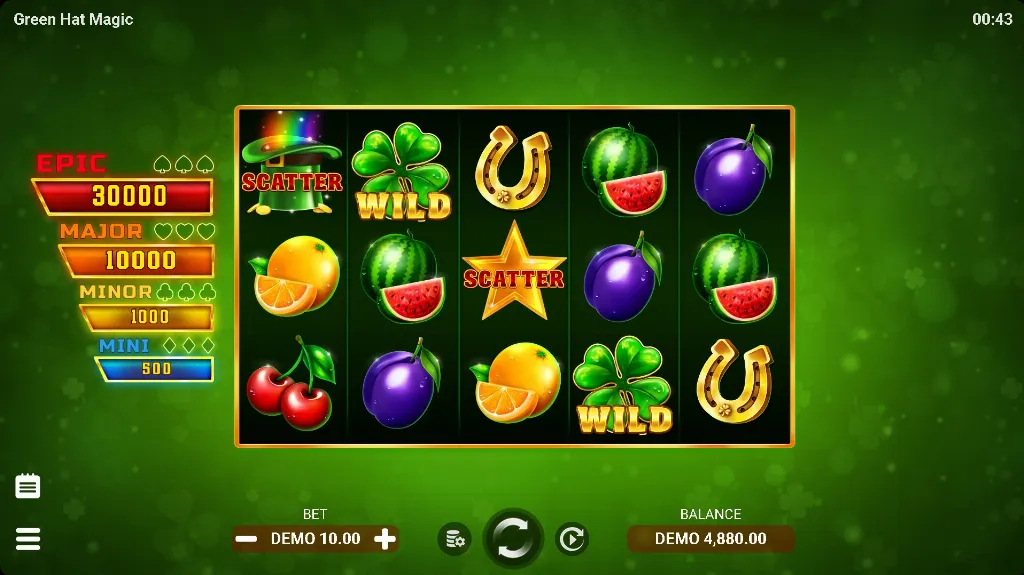 Gameplay of the Green Hat Magic slot showing fruit and clover symbols with jackpot tiers on a bright green background.