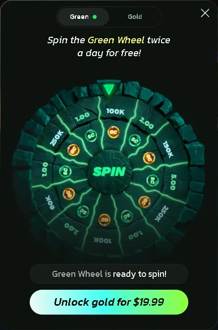 Bonus screen showing Green Thunder Wheel spin prize selector with GC rewards.