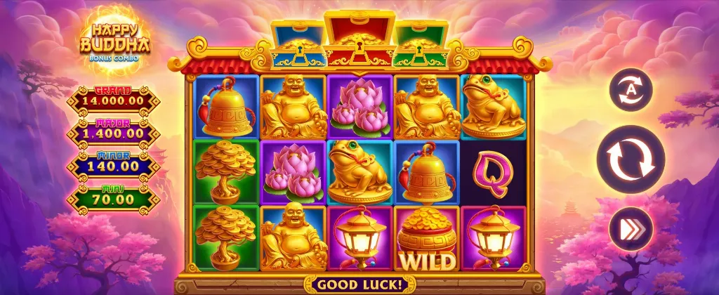 A colorful casino reel layout with golden Buddhas, lotus flowers and treasure chests from Happy Buddha Bonus Combo slot.