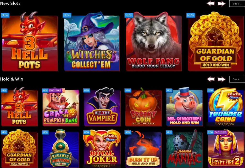 Grid of Hello Millions casino slot titles including Royal Joker, Hit the Vampire, and Thunder Coins Hold and Win.