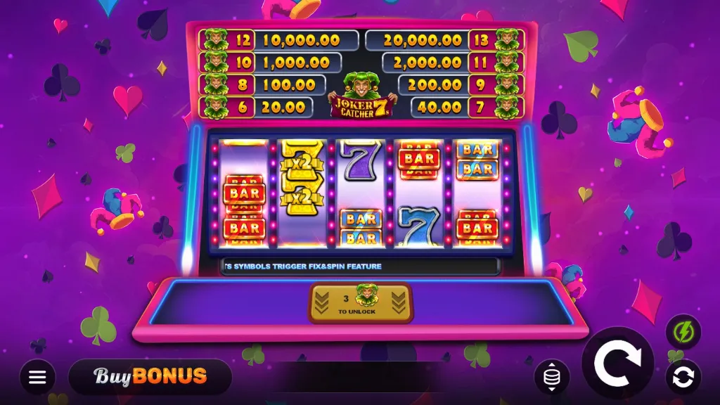 Joker Catcher 7s slot features classic BAR symbols, sevens, and jokers with vibrant neon casino graphics.