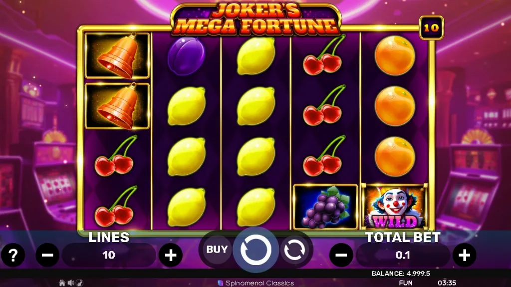 The Joker’s Mega Fortune slot showcases classic fruit symbols like cherries, lemons, and oranges with a joker wild symbol highlighted on the reels.