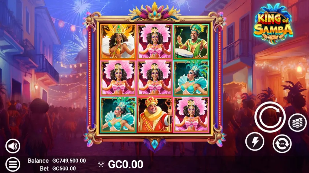 Carnival dancers and drummers fill the reels in the festive King of Samba slot game.