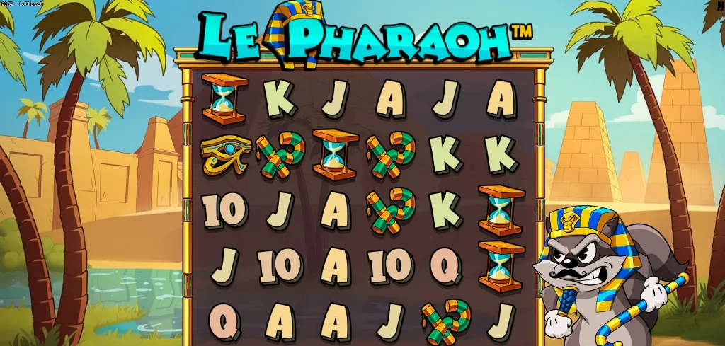 Le Pharaoh slot features a cartoon raccoon dressed as an Egyptian pharaoh beside reels with colorful symbols and Egyptian style graphics.