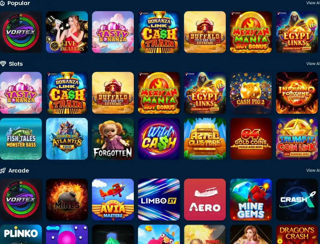 Overview layout of Luck Lake Casino games showing popular and slot categories with titles like Tasty Bonanza and Bonanza Cash Train.
