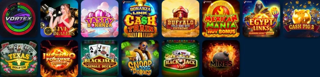 Horizontal carousel showcasing Luck Lake Casino popular games including Vortex, Live Dealers, Tasty Bonanza, and Snoop Dollarz.