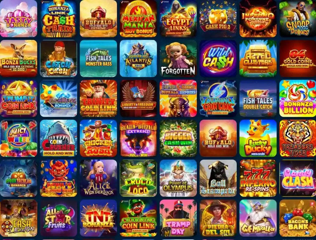 Grid of colorful slot titles like Cash Train, Buffalo Hold and Win, and Egypt Links promoted in the Luck Lake Casino slot games selection page.