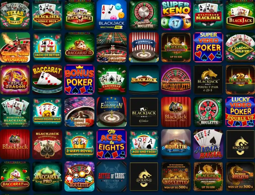 Collection of Luck Lake Casino table games featuring roulette, blackjack, baccarat, video poker, and other classic casino options.