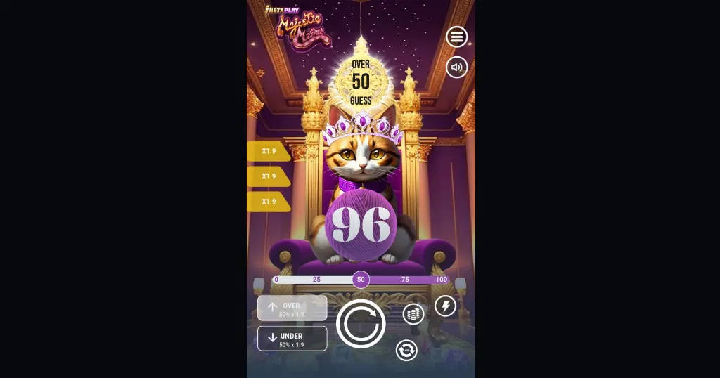 Majestic Meow game displays a cartoon cat holding a yarn ball multiplier with adjustable bet options and win values.