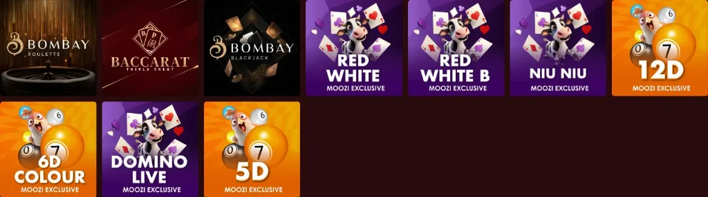 Moozi Casino live and exclusive games lineup including Bombay Roulette, Baccarat Triple Treat, and themed games like Niu Niu and Domino Live.