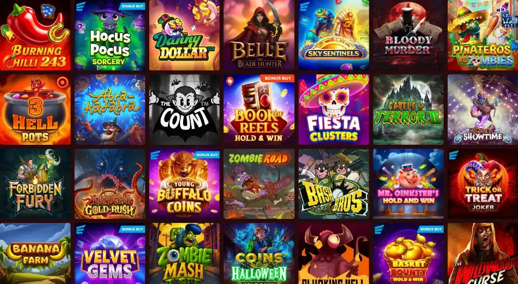 Selection of Moozi Casino slot games displaying vibrant icons from popular titles like Book of Reels, Mr. Oinkster’s Hold and Win, and Fiesta Clusters.