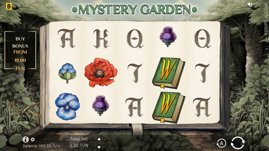 Mystery Garden slot game displayed as an open book showing floral symbols and letters across five reels.