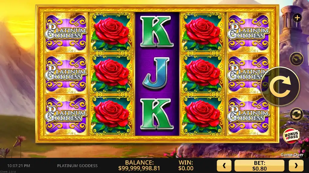 Platinum Goddess slot features stacked rose and logo symbols framed in gold across bright purple reels in a romantic fantasy theme.