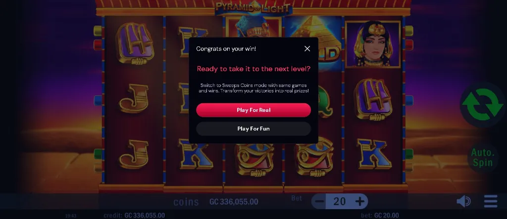 Pyramid of Light promotional banner invites users to play the desert-themed slot for Sweeps Coins rewards under a golden Egyptian motif.