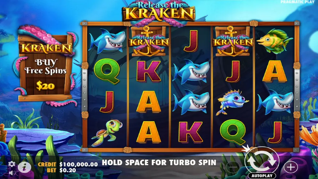Release the Kraken slot game screen set in an underwater theme with sharks and treasure chest bonus symbols.