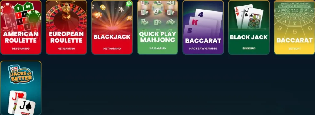 RichSweeps table games selection highlights American Roulette, European Roulette, Blackjack, Baccarat, Mahjong, and Jacks or Better.