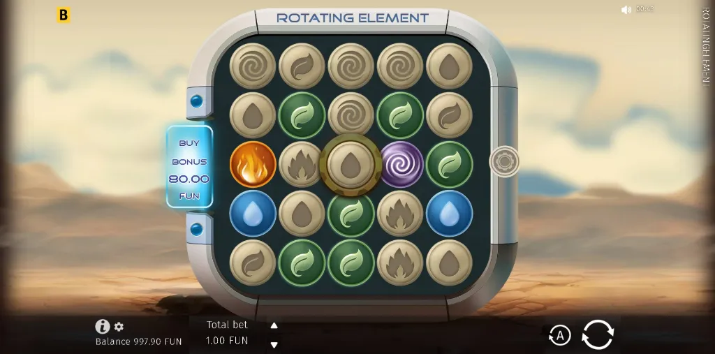 Rotating Element puzzle-style slot game with circular elemental icons such as fire, water, and earth inside a rotating frame.