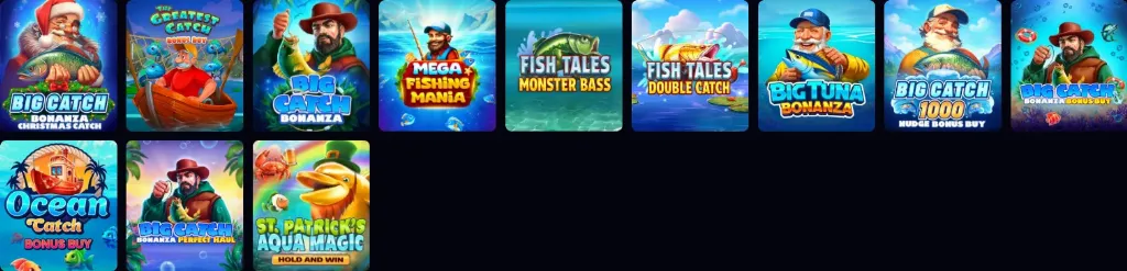 Scarlet Sands Big Catch slot collection showcases multiple fishing-themed bonus games like Christmas Big Catch and Fish Tales under a desert treasure theme.