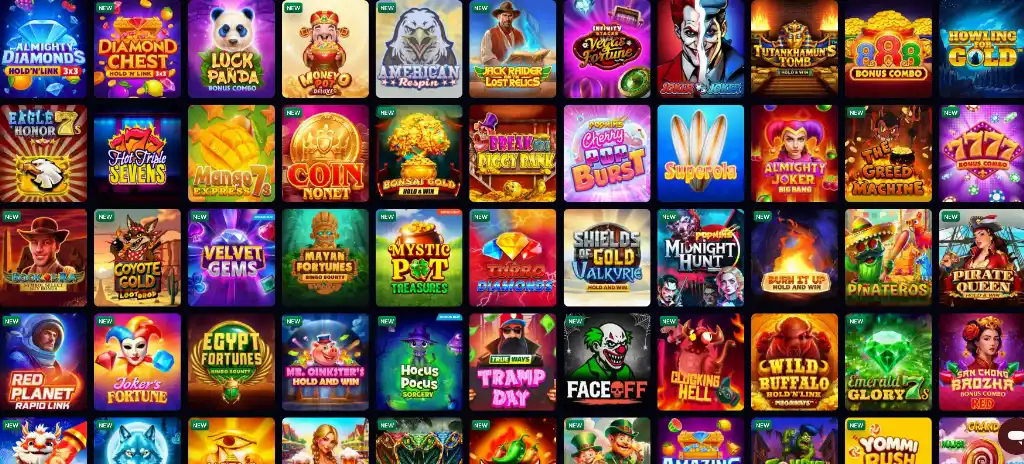 Scarlet Sands slot games lobby displays adventure titles like Raging Lion, Genie Wish, and Temple of Light with desert and fantasy themes.