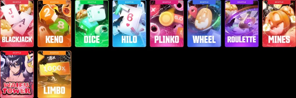Shuffle.us Originals collection features in-house casino games such as Blackjack, Keno, Dice, Hilo, Plinko, Wheel, Roulette, Mines, Waifu Tower and Limbo.