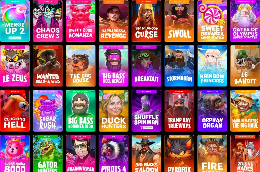 Shuffle.us slots library showcases popular titles like Wanted Dead or a Wild, Chaos Crew 3, Sweet Rush Bonanza, Gates of Olympus and Le Bandit in a tiled grid layout.