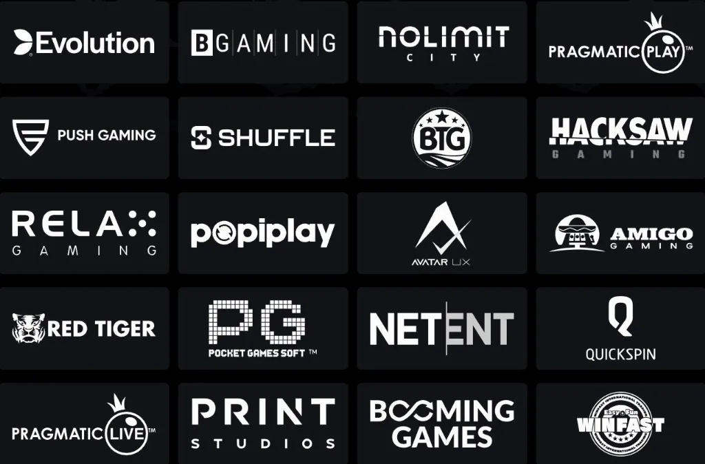 Shuffle.us providers section displays logos for casino game studios including Evolution, BGaming, Nolimit City, Pragmatic Play, Push Gaming, Big Time Gaming, Hacksaw Gaming, Relax Gaming, NetEnt and more.