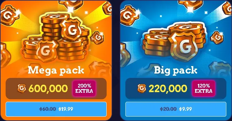 Sixty6 Casino’s discounted first-purchase offers showing Mega Pack and Big Pack coin bundles with extra bonuses.